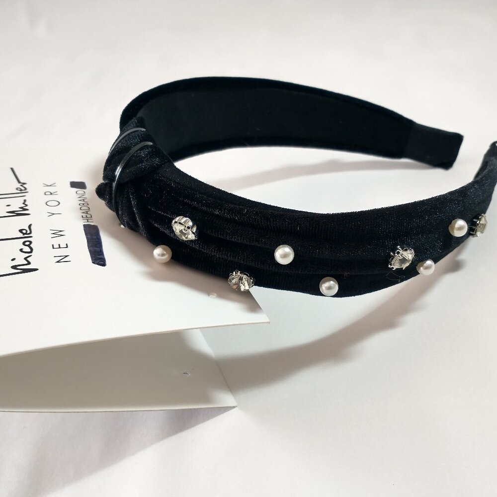 NWT Nicole Miller Velvet Headband with Pearls and Rhinestones
